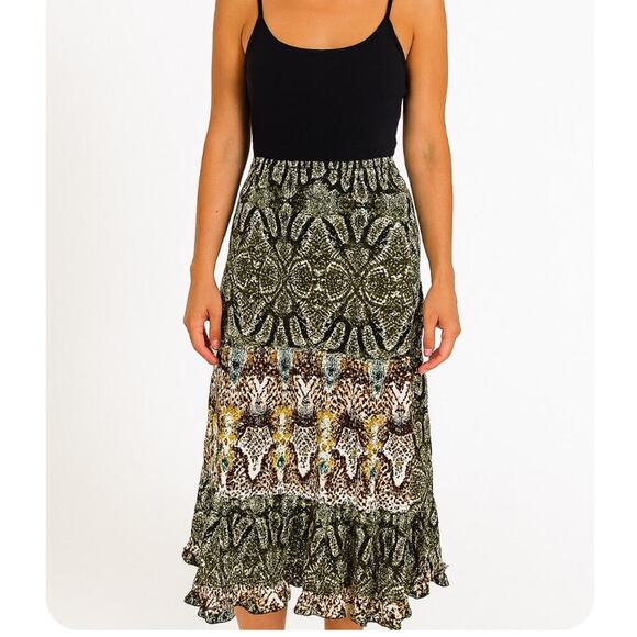 CB broomstick skirt midi elastic waist snake print green/tan SZ LG BoHo western - Picture 1 of 6